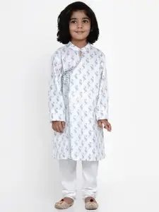 Bittu By Bhama Boys White Printed Angrakha Kurta with Pyjamas