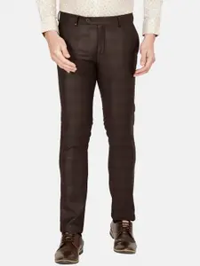 Oxemberg Men Brown Checked Slim Fit Formal Trousers