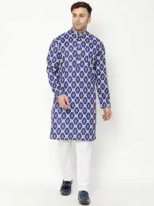 Hangup Men Navy Blue & White Printed Kurta with Churidar