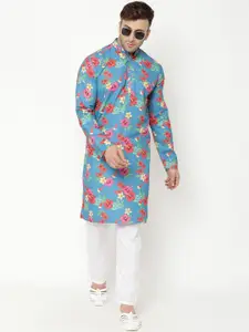 Hangup Men Turquoise Blue Floral Printed Kurta with Pyjamas