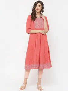 Rangriti Women Coral Printed Ethnic Motifs Yoke Design Kurta