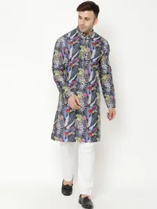 Hangup Men Black Floral Printed Kurta with Pyjamas