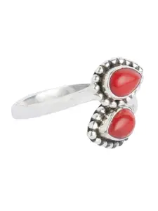 ahilya 24K Gold-Plated Silver-Toned & Red Stone-Studded Handcrafted Adjustable Finger Ring