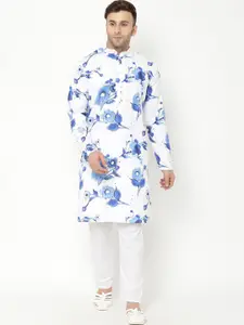 Hangup Men Blue & White Floral Printed Kurta with Pyjamas