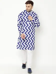 Hangup Men White & Blue Printed Kurta with Pyjamas