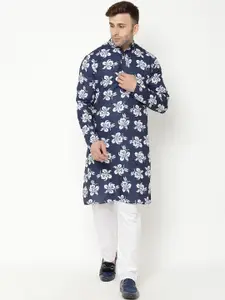Hangup Men Navy Blue & White Floral Printed Kurta with Pyjamas
