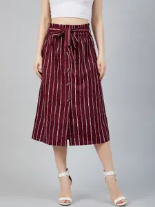 Marie Claire Women Maroon & White Striped A-Line Midi Skirt