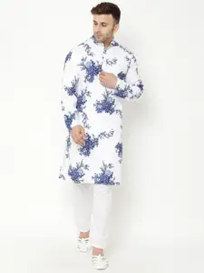 Hangup Men White & Blue Floral Printed Kurta with Pyjamas