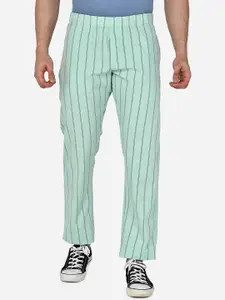 beevee Men Sea Green & Grey Striped Straight-Fit Pure Cotton Track Pants