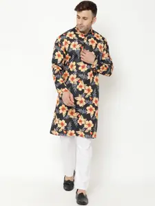 Hangup Men Black & Orange Floral Printed Kurta with Pyjamas