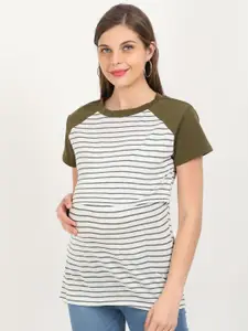 The Mom Store Maternity Olive Green & White Striped Regular Top