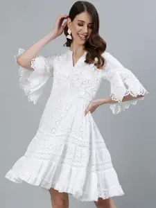 Ishin White Schiffli Embroidered A-Line Dress