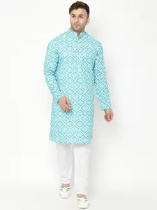 Hangup Men Blue & White Printed Kurta with Pyjamas