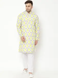 Hangup Men Yellow Floral Printed Kurta with Pyjamas