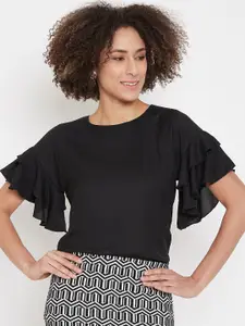 La Zoire Women Black Solid Raglan Sleeve Georgette Top