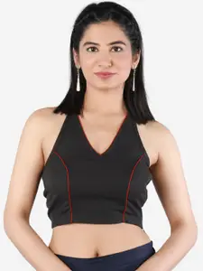 Llajja Women Black Solid Non-Padded Pure Cotton Saree Blouse