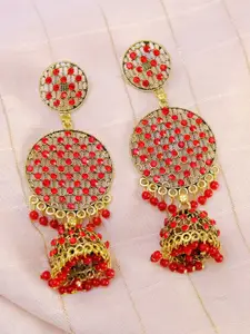Crunchy Fashion Women Gold-Toned & Red Classic Jhumkas Earrings