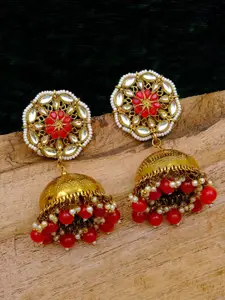 Crunchy Fashion Gold-Toned & Red Contemporary Meenakari Jhumkas Earrings