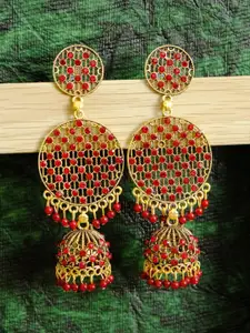 Crunchy Fashion Women Gold-Toned & Red Circular Jali Style Drop Earrings