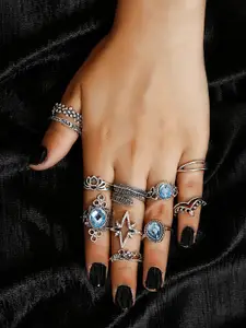 Shining Diva Fashion Set Of 11 Silver-Plated Crystal-Studded Fingers Rings