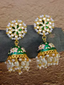 Crunchy Fashion Gold-Toned & Green Enamelled Contemporary Jhumkas Earrings