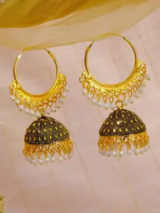 Crunchy Fashion Women Gold-Toned & Black Oxidized Contemporary Hoop Jhumka Earrings