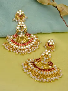 Crunchy Fashion Gold-Plated & Kundan & Beads Studded Contemporary Drop Earrings