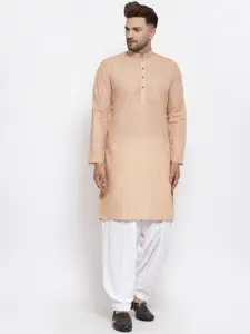 MAXENCE Men Dusty Orange & White Woven Design Linen Kurta with Salwar