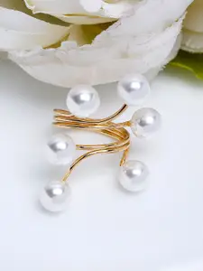 Shining Diva Fashion Rose Gold-Plated White Pearl-Beaded Adjustable Finger Ring