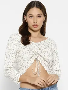 FOREVER 21 Women White & Multicoloured Floral Smocking Crop Top