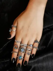Shining Diva Fashion Set Of 13 Oxidised Silver-Plated Crystal-Studded Fingers Rings