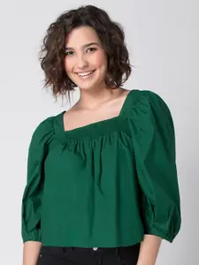 FabAlley Green Solid Puff Sleeve Crop Top with Smocked Neckline