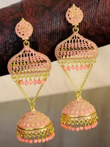 Crunchy Fashion Gold-Toned & Pink Contemporary Temple Jhumkas Earrings
