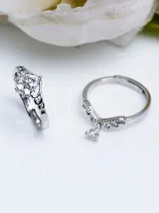 Shining Diva Fashion Set Of 2 Platinum-Plated Silver-Toned  White CZ Studded Adjustable Finger Rings