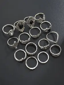 Shining Diva Fashion Set Of 15 Silver-Plated Black  White Crystal-Studded Finger Ring