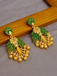 Crunchy Fashion Gold-Toned & Green Leaf Shaped Drop Earrings