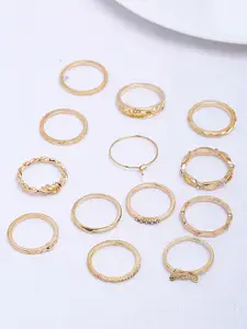 Shining Diva Fashion Set Of 13 Gold-Plated White Crystal-Studded Finger Rings