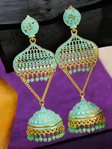 Crunchy Fashion Gold-Toned & Sea Green Studded Classic Jhumkas Earrings