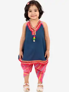 KID1 Girls Navy Blue Leheriya Yoke Design Pure Cotton Top with Dhoti Pants