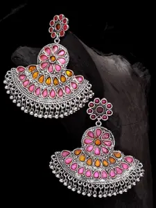 Moedbuille Silver-Plated Pink Hand Painted Meenakari Contemporary Chandbalis Earrings