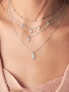 Shining Diva Fashion Silver-Toned Silver-Plated Layered Necklace