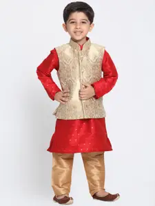 VASTRAMAY Boys Maroon & Gold Kurta With Jacket & Pyjama Set