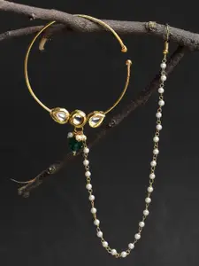 Ruby Raang Gold-Toned & White Faux Kundan-Studded Chained Nose Ring