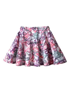 Hunny Bunny Girls White & Peach-Coloured Abstract Printed Flared Knee-Length Skirt With Attached Shorts