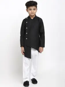 TREEMODA Boys Black & White Angrakha Linen Kurta with Pyjamas