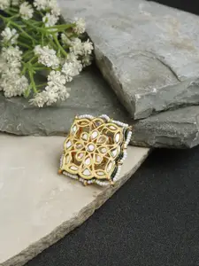 Ruby Raang Gold-Toned & White Kundan-Studded Beaded Enameled Artificial Finger Ring