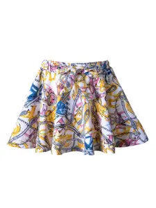 Hunny Bunny Girls White & Yellow Abstract Printed Flared Knee-Length Skirt With Attached Shorts