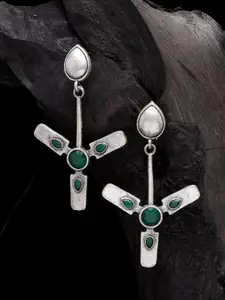 Moedbuille Silver-Plated & Green Contemporary Drop Earrings