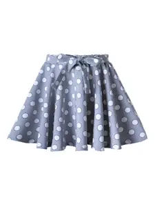 Hunny Bunny Girls Grey & White Polka Dot Printed Flared Knee-Length Skirt With Attached Shorts