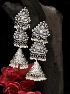 Moedbuille Silver-Plated Oxidised Handcrafted Contemporary Jhumkas